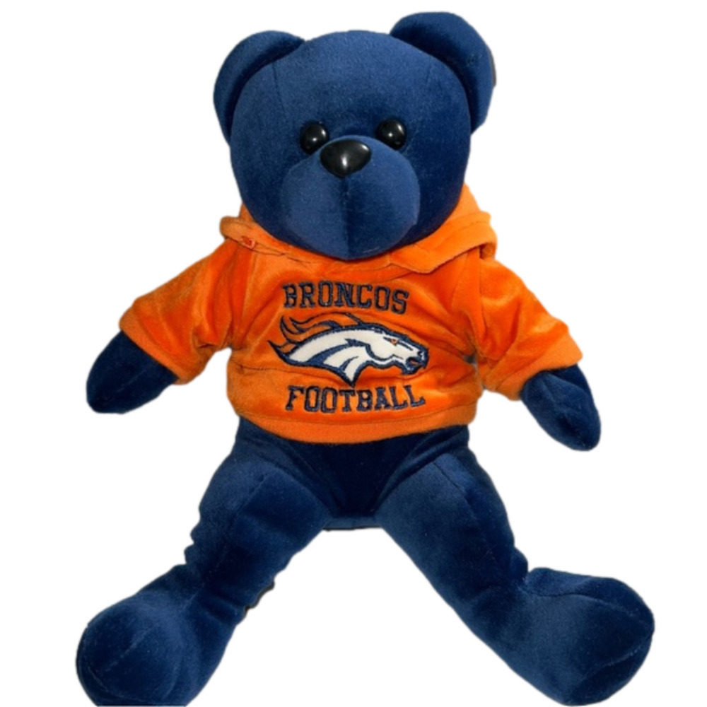 ADORABLE Blue velour teddy bear in orange, Broncos Football hoodie Fan Favorite